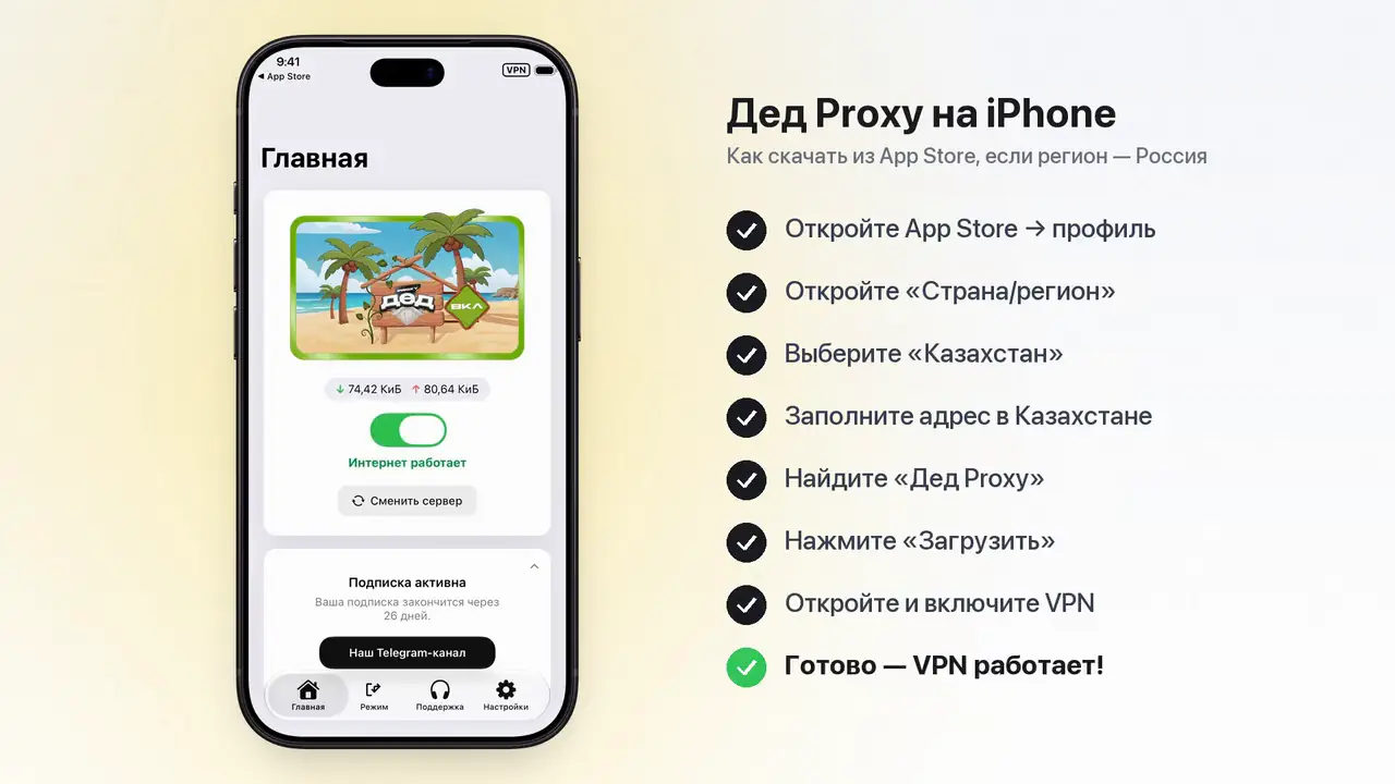Дед Proxy на iPhone: приложение установлено и VPN включён